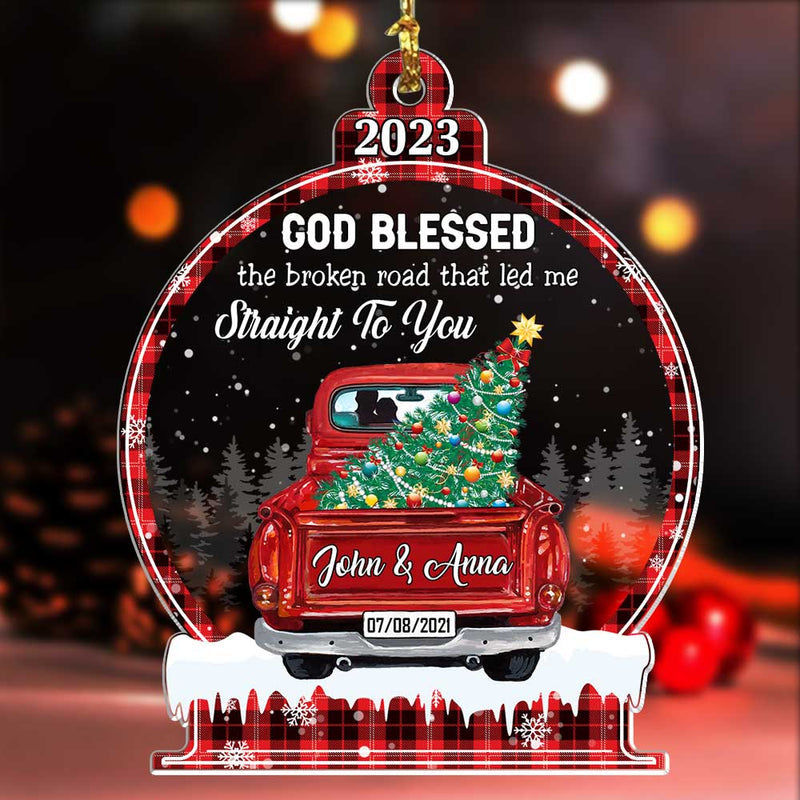 Sparkling Christmas Couple Truck, God Blessed The Broken Road Snowball Ornament