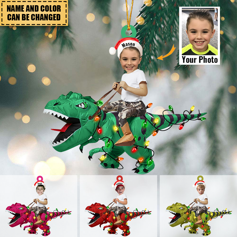 Personalized Cute Kid Rides The Dinosaurus Christmas Light Ornament