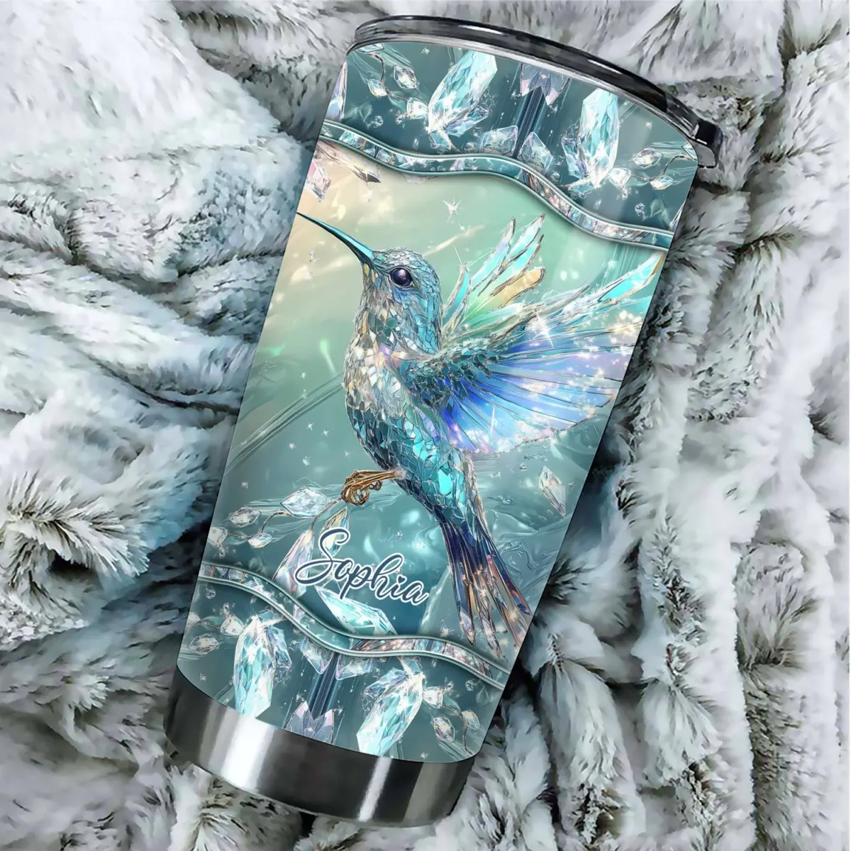Crystal Radiance Iridescent Hummingbird Glass Art Personalized Name Tumbler