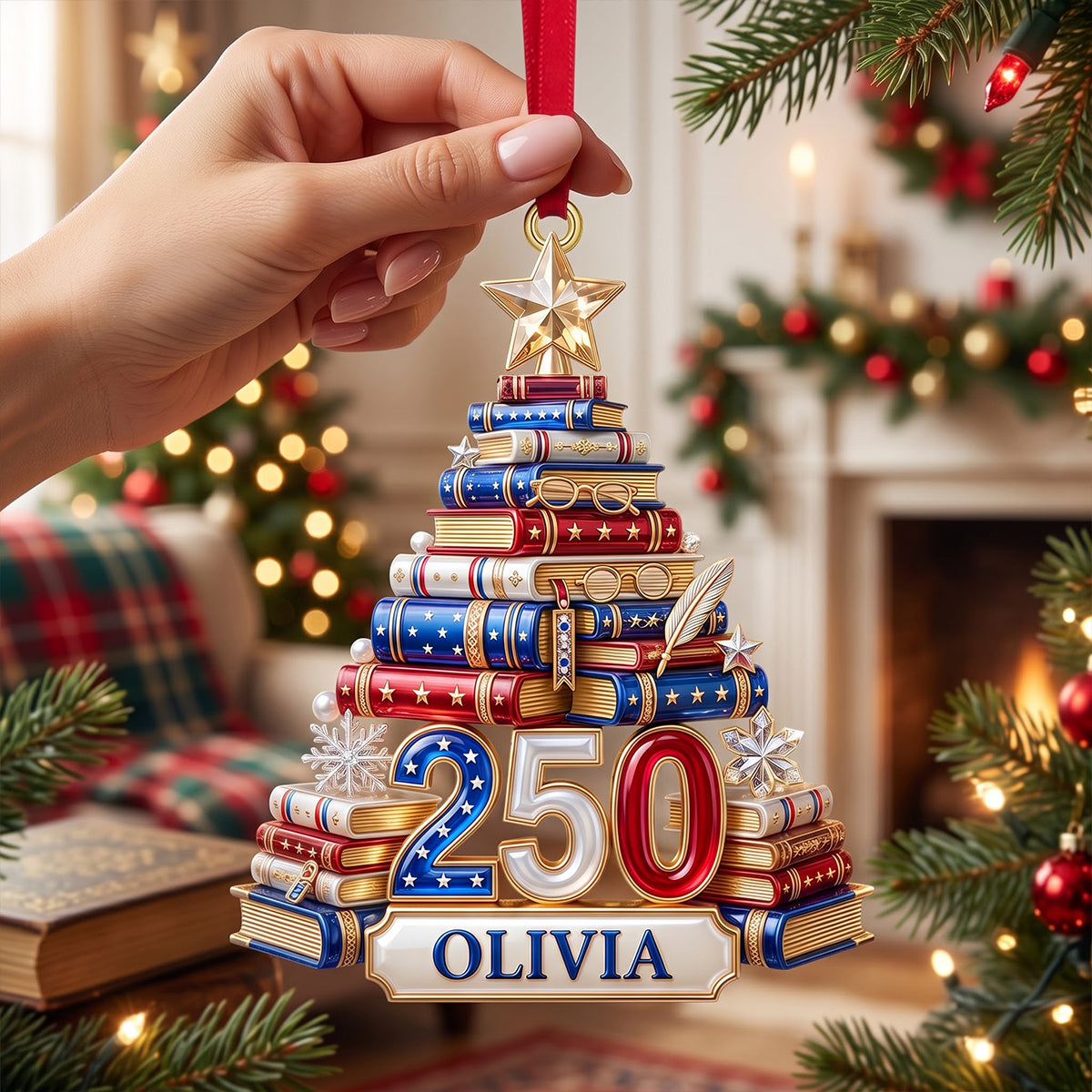 Book Stack Christmas Tree Ornament - Personalized 250th Anniversary Gift For Book Lovers