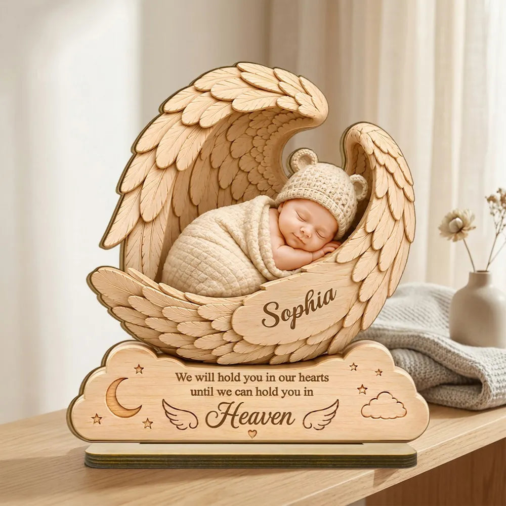 Personalized 2-Layer Wooden Plaque, Sleeping Baby in Angel Wings, Unique Infant Loss Memorial Gift for Parents