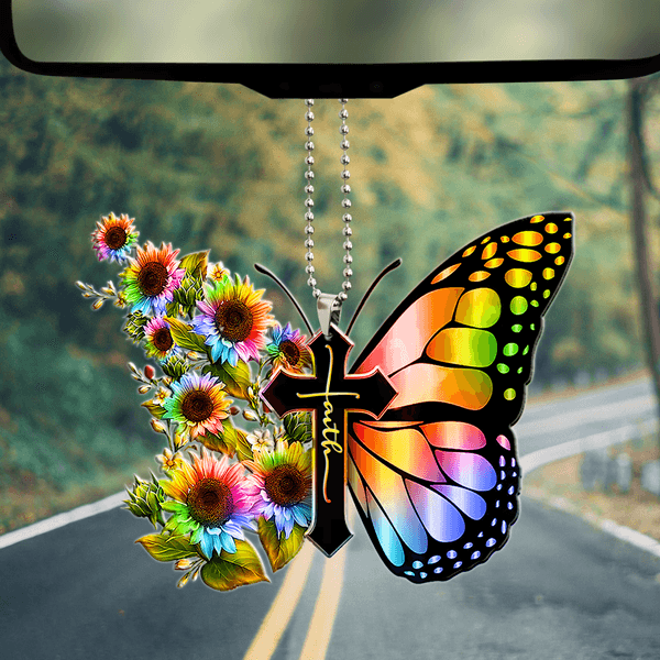Rainbow Sunflower Butterfly Faith Ornament