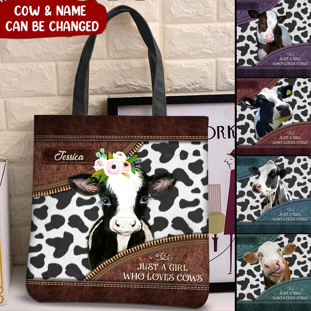 Love Cow Breeds, Just A Girl Who Love Cows Leather Texture Personalized Tote Bag