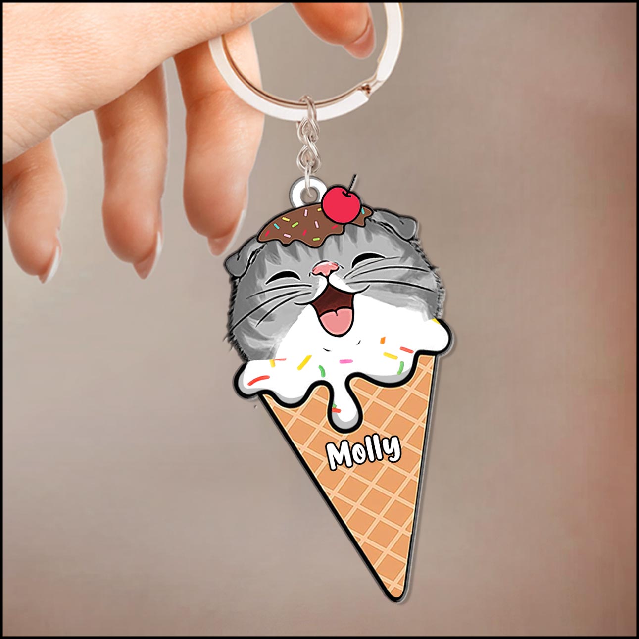 Cute Cat Kitten Ice Cream Cone Silly Food Personalized Acrylic Keychain