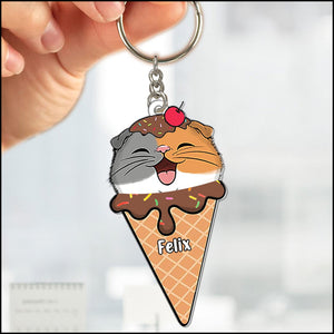 Cute Cat Kitten Ice Cream Cone Silly Food Personalized Acrylic Keychain