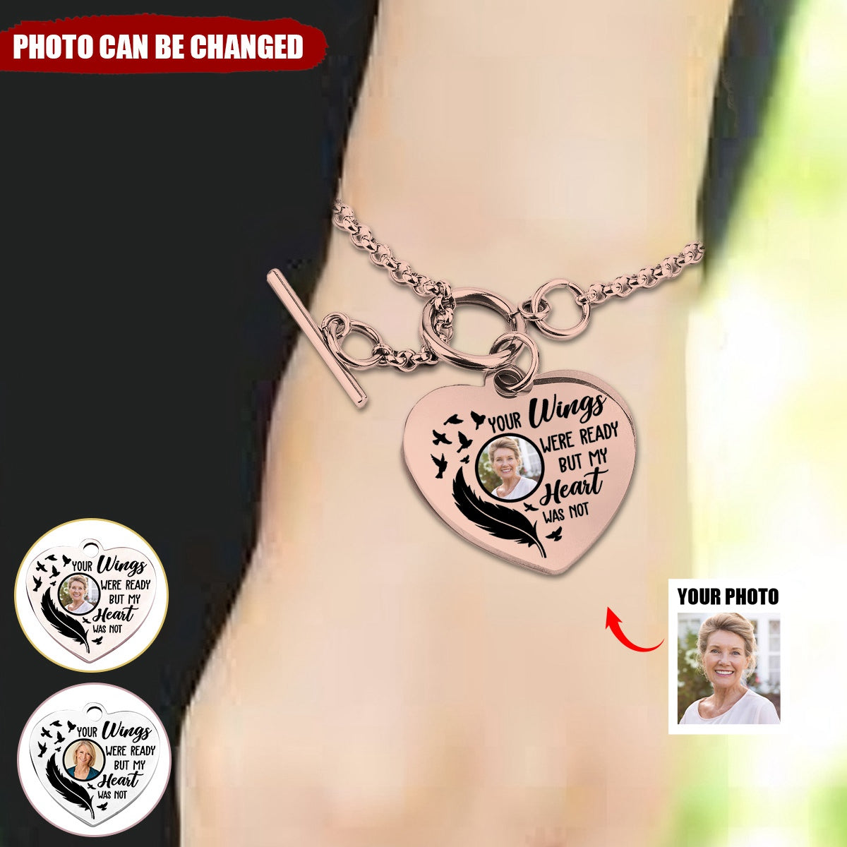 Your Wings Were Ready Personalized Photo Heart Bracelet