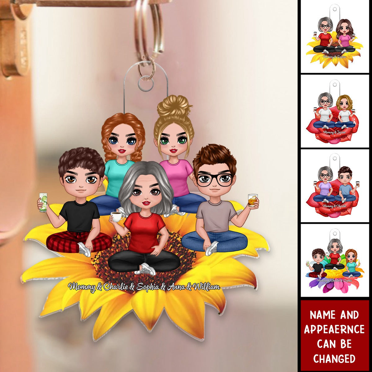 Mom Daughters Sons Sitting On Flower Personalized Acrylic Keychain