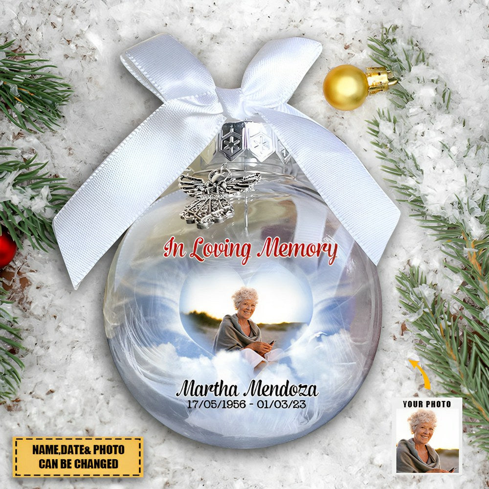 Custom Photo & Time Memorial Ornament Feather Inside, Your Light Will Always Shine Bright In Our Hearts, Christmas Ornament