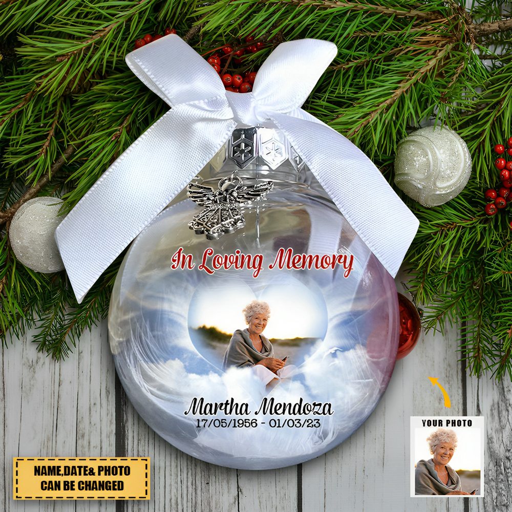Custom Photo & Time Memorial Ornament Feather Inside, Your Light Will Always Shine Bright In Our Hearts, Christmas Ornament