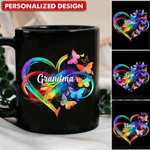 Personalized Grandma Mom Butterfly Rainbow Black Mug