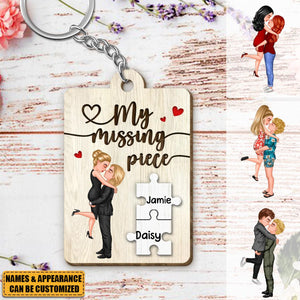 My Missing Piece Couple Hugging Kissing - Personalized Wooden Keychain, Valentine’s Day Gift For Couple