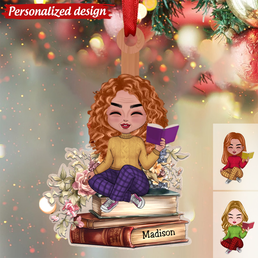 Book Lovers - Reading Girls Sitting On Books - Personalized Arcylicen Ornament
