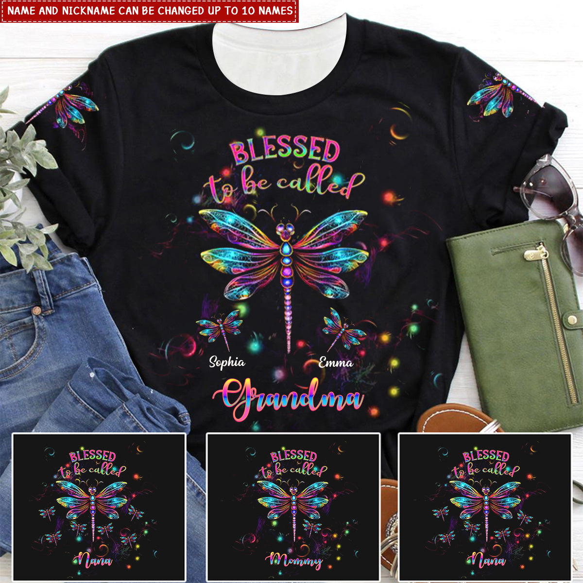 Sparkling Dragonfly Nana Auntie Mom, Blessed To Be Called Grandma Personalized 3D T-Shirt