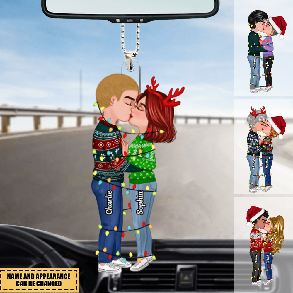 Christmas Couple Kissing With Light String Personalized Acrylic Car Ornament