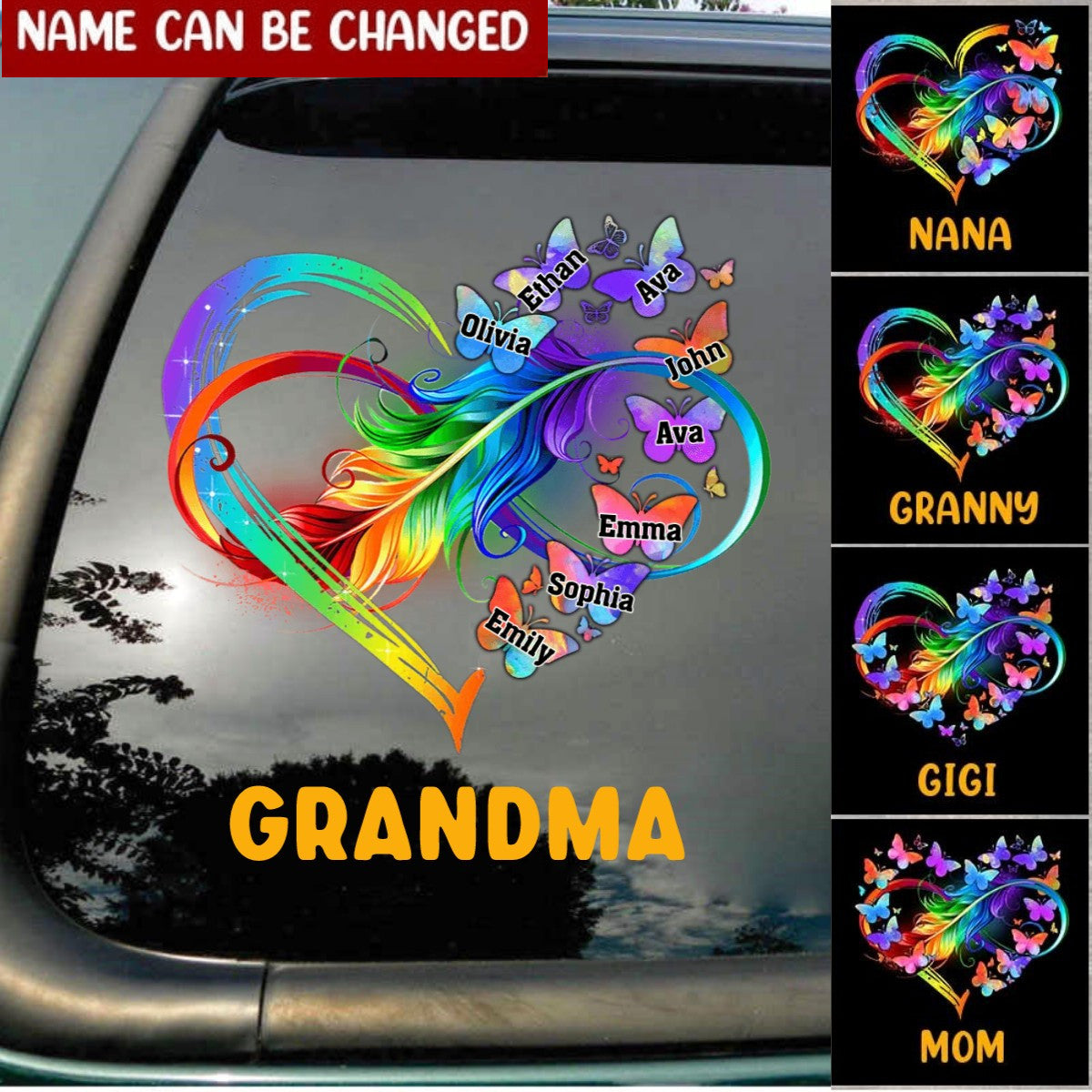 Grandma Mom Heart Butterfly Rainbow Print Personalized Decal