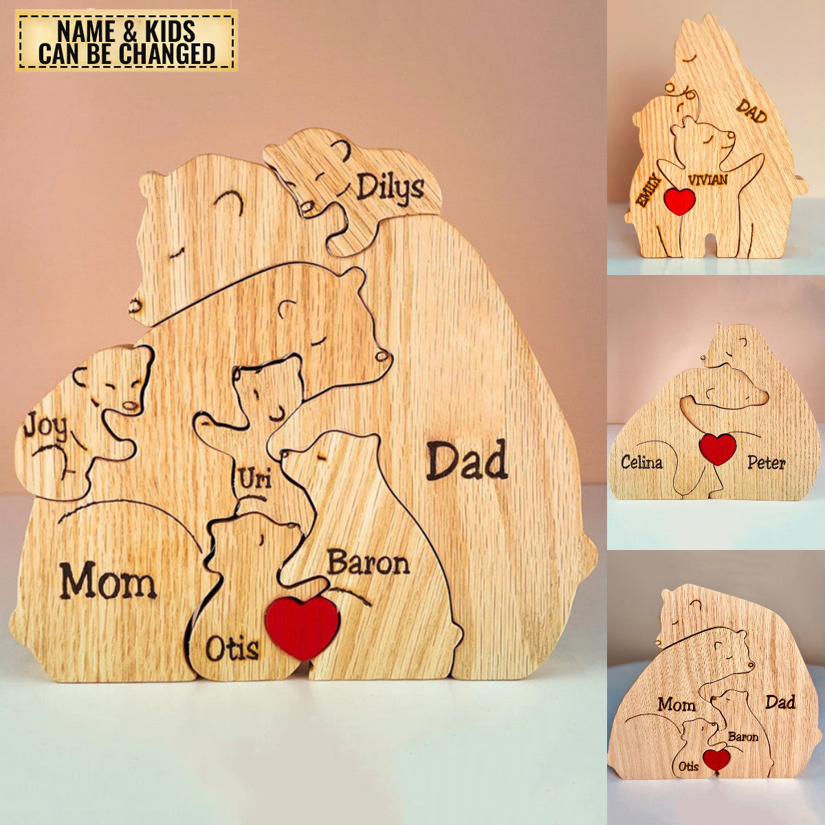 Handcrafted - Family - Wooden Bears Family Puzzle - Wooden Animal Carvings