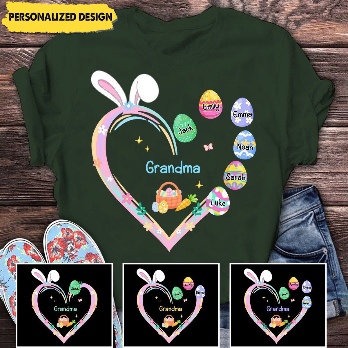 Grandma Easter Heart With Grandkids Bunny - Personalized T-Shirt - Easter, Birthday, Loving, Funny Gift for Grandma