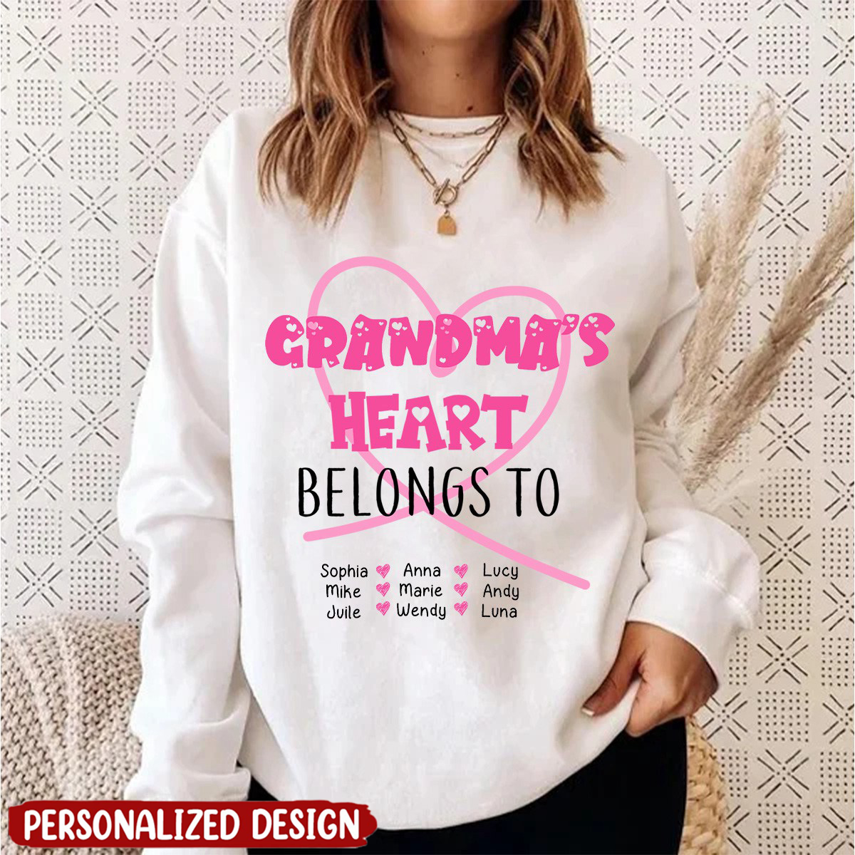 Pinky Grandma Mom's Heart Belongs To Kids Personalized Sweatshirt