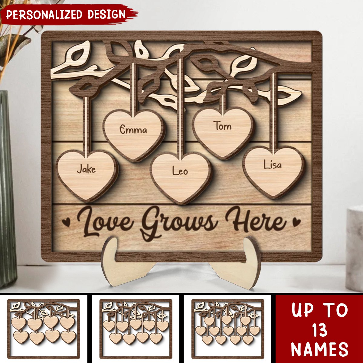 Family Tree Sign Grandkids Names Hanging Hearts Home Decor Personalized 2-Layer Wooden Plaque