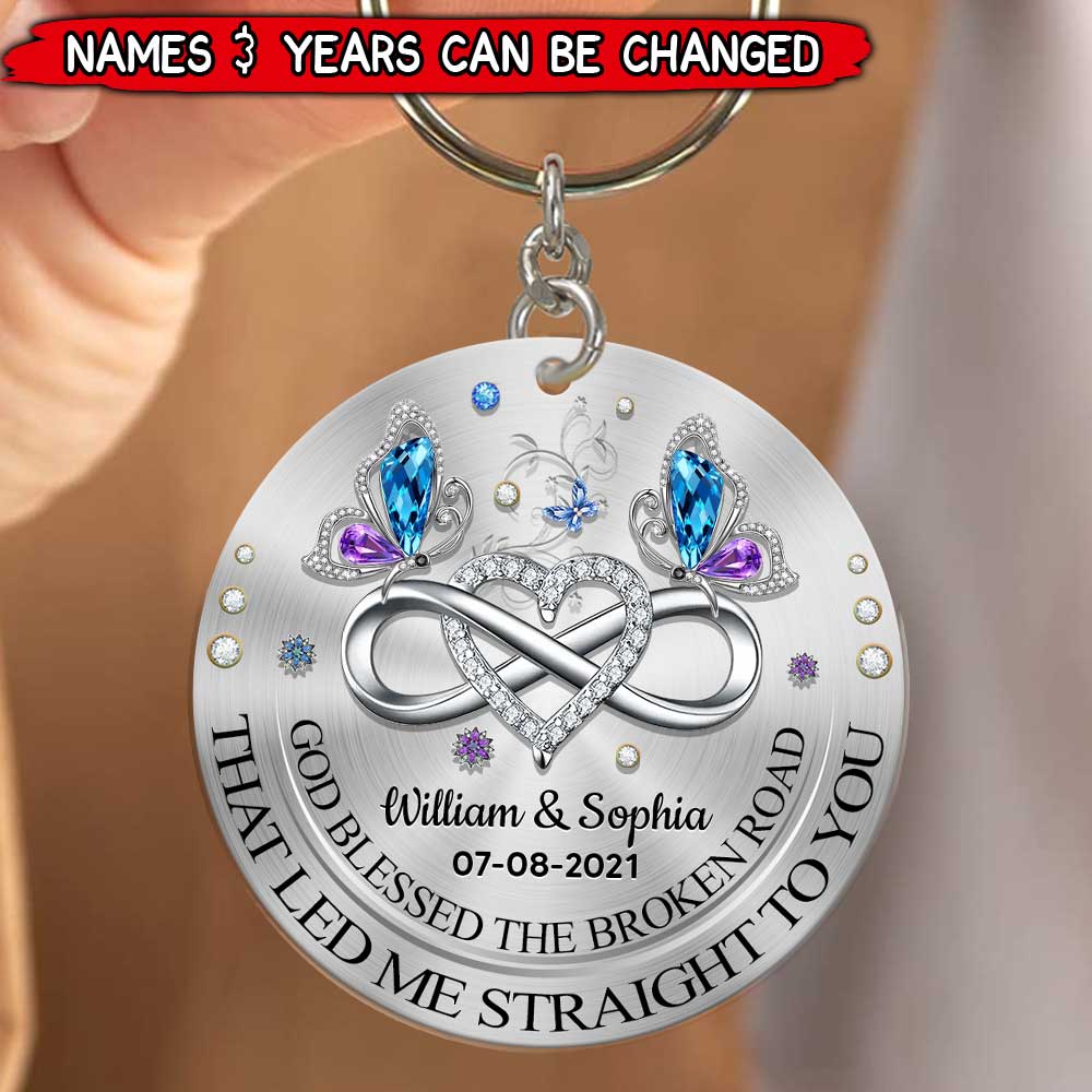 Sparkling Heart Infinity Butterfly Couple, God Blessed The Broken Road Personalized Acrylic Keychain