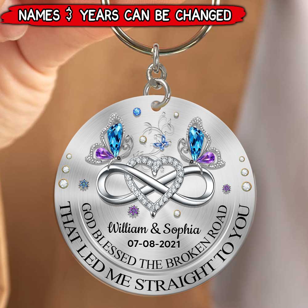 Sparkling Heart Infinity Butterfly Couple, God Blessed The Broken Road Personalized Acrylic Keychain