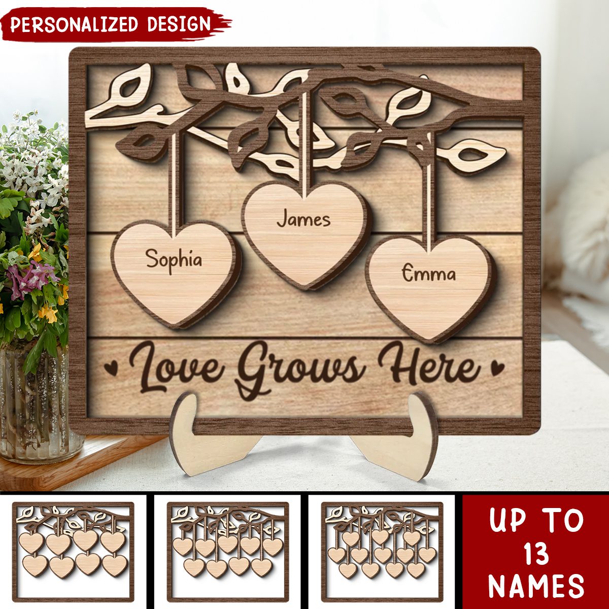 Family Tree Sign Grandkids Names Hanging Hearts Home Decor Personalized 2-Layer Wooden Plaque
