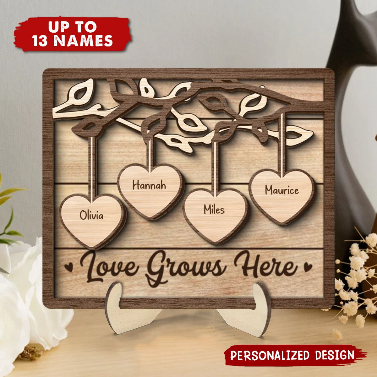 Family Tree Sign Grandkids Names Hanging Hearts Home Decor Personalized 2-Layer Wooden Plaque