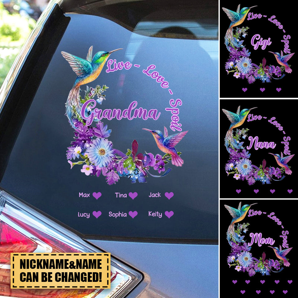 Purple Hummingbird Granny Surrounded by Live-Love-Spoil Personalized Decal