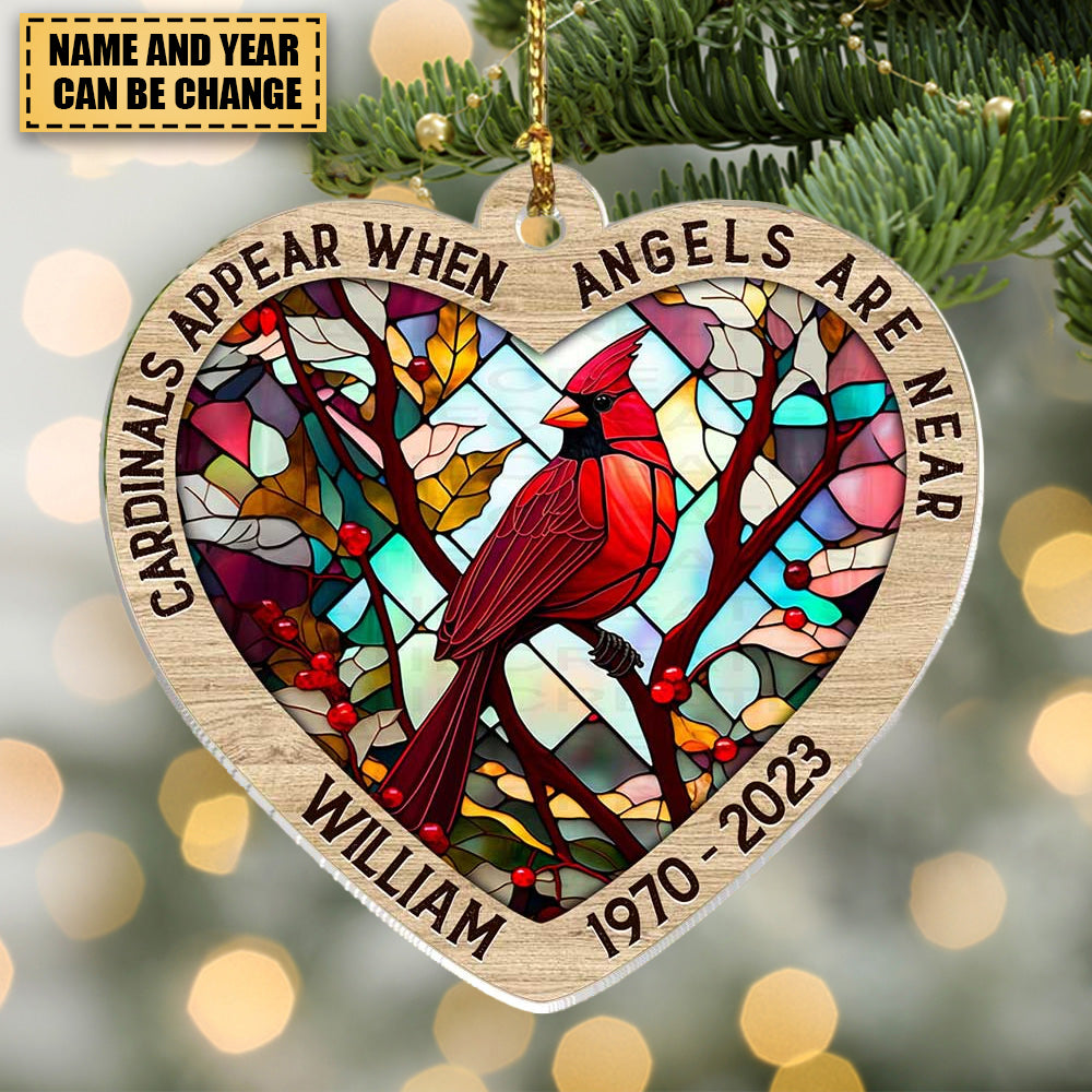 Memorial Cardinal Stained Glass Pattern, Cardinals Appear When Angels Are Near Personalized Ornament
