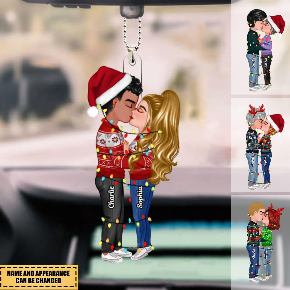 Christmas Couple Kissing With Light String Personalized Acrylic Car Ornament