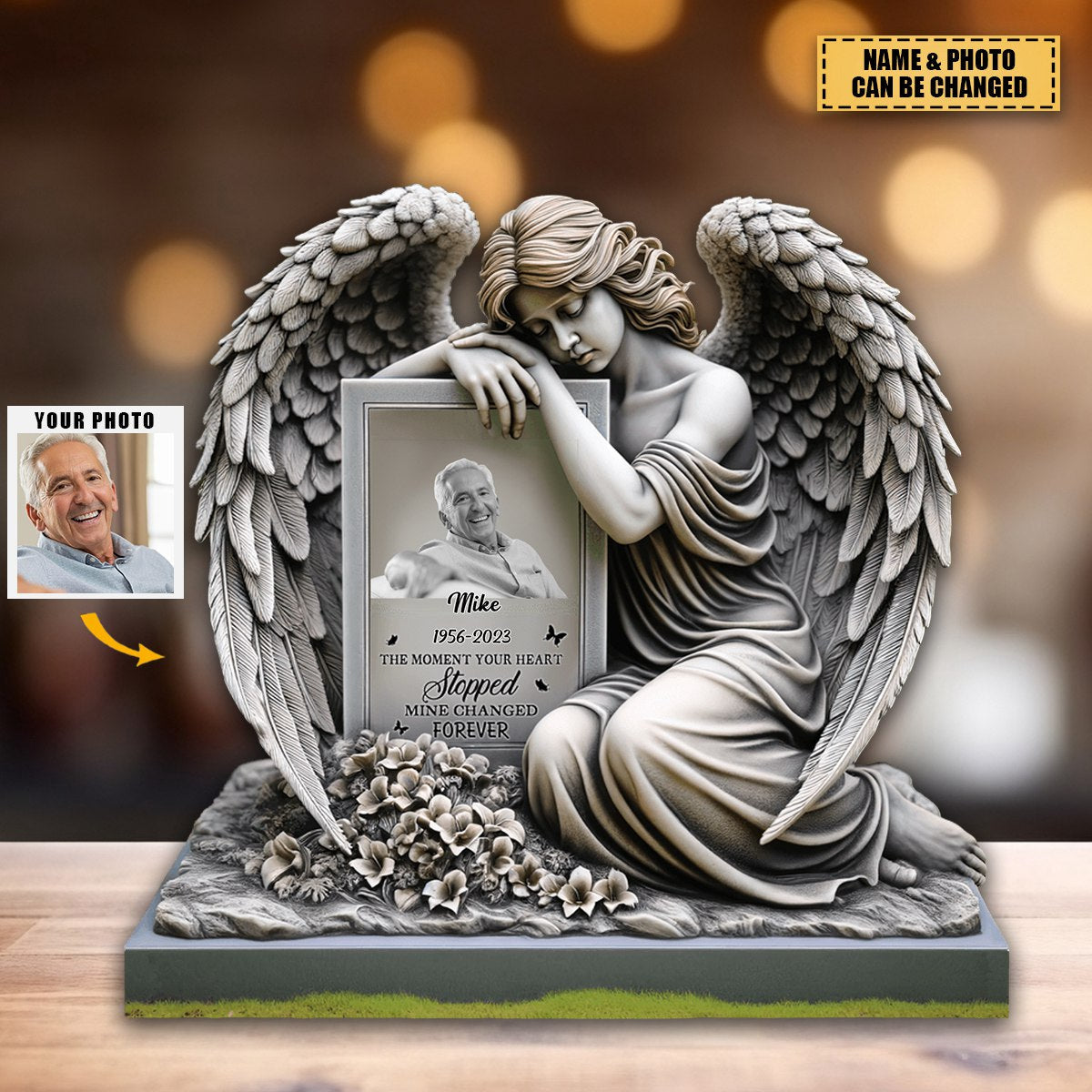 Personalized Memorial Upload Photo Angel Wings, The Moment Your Heart Stopped Mine Changed Forever Acrylic Plaque