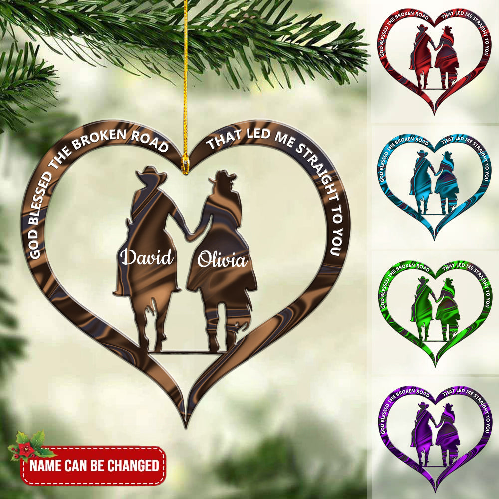 Cowboy and Cowgirl Holding Hands God Blessed Personalized Christmas Ornament