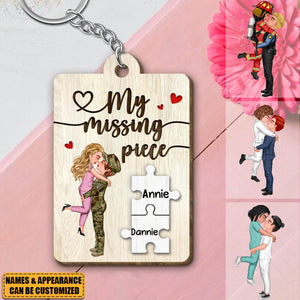 My Missing Piece Couple Hugging Kissing - Personalized Wooden Keychain, Valentine’s Day Gift For Couple