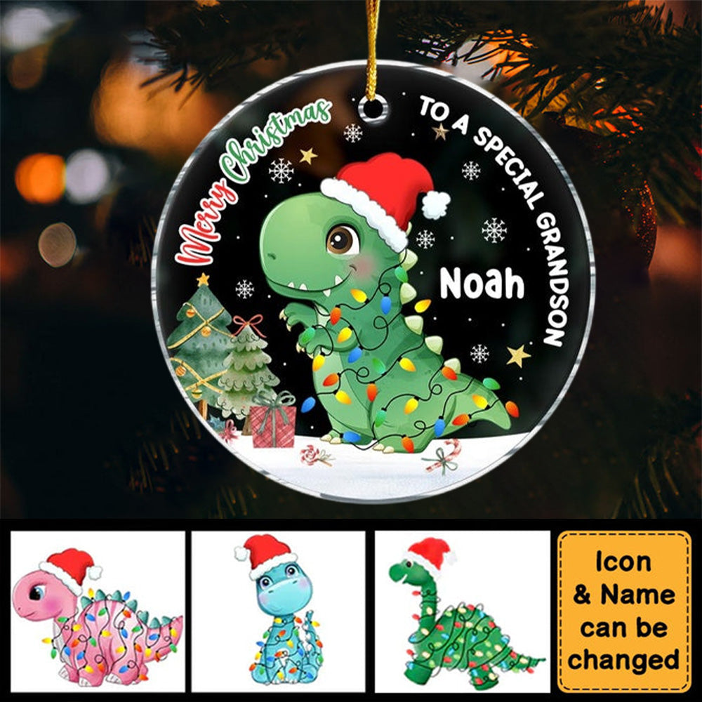 Christmas Gift For Grandson Dinosaur Merry Christmas Circle Ornament