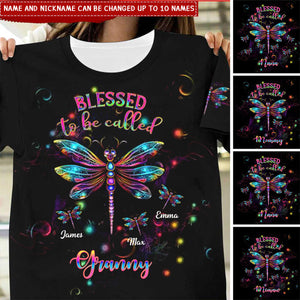 Sparkling Dragonfly Nana Auntie Mom, Blessed To Be Called Grandma Personalized 3D T-Shirt
