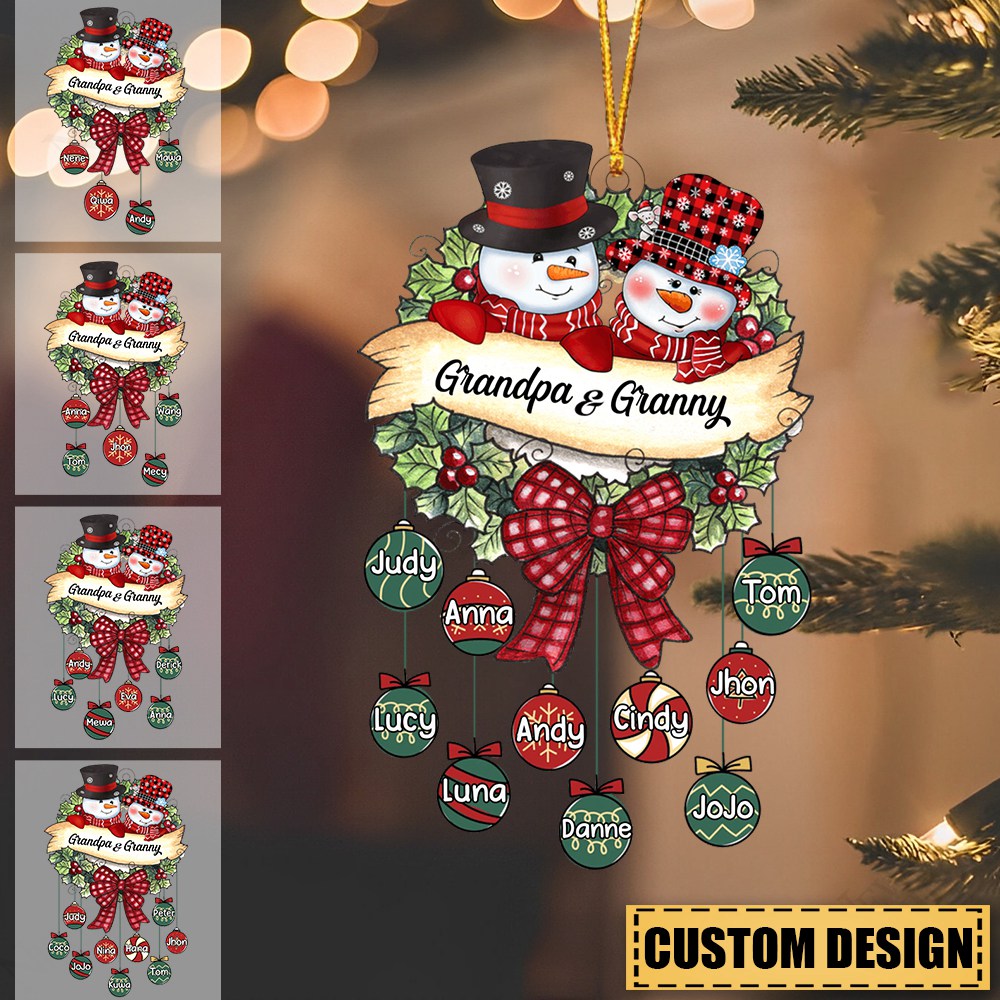 Snowman Grandpa & Grandma Mom & Dad Christmas Ball Kids Personalized Acrylic Ornament