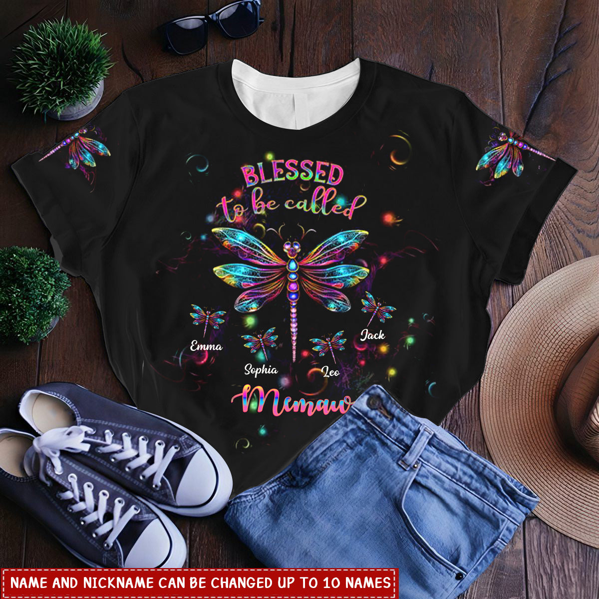 Sparkling Dragonfly Nana Auntie Mom, Blessed To Be Called Grandma Personalized 3D T-Shirt