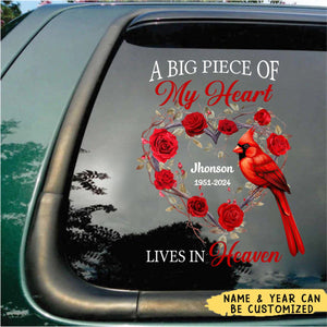A Big Piece Of My heart Lives In Heaven Red Roses And Cardinal Memorial Personalized Decal