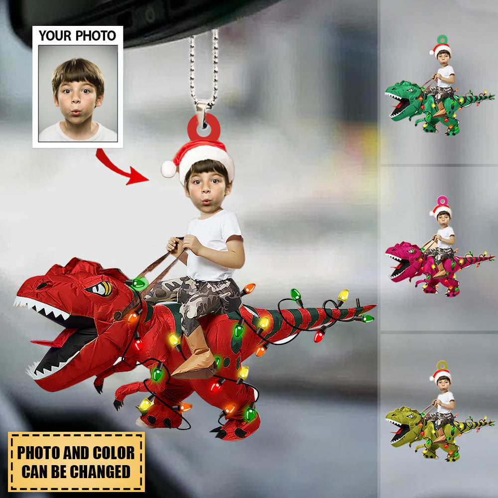 Personalized Cute Kid Rides The Dinosaurus Ornament