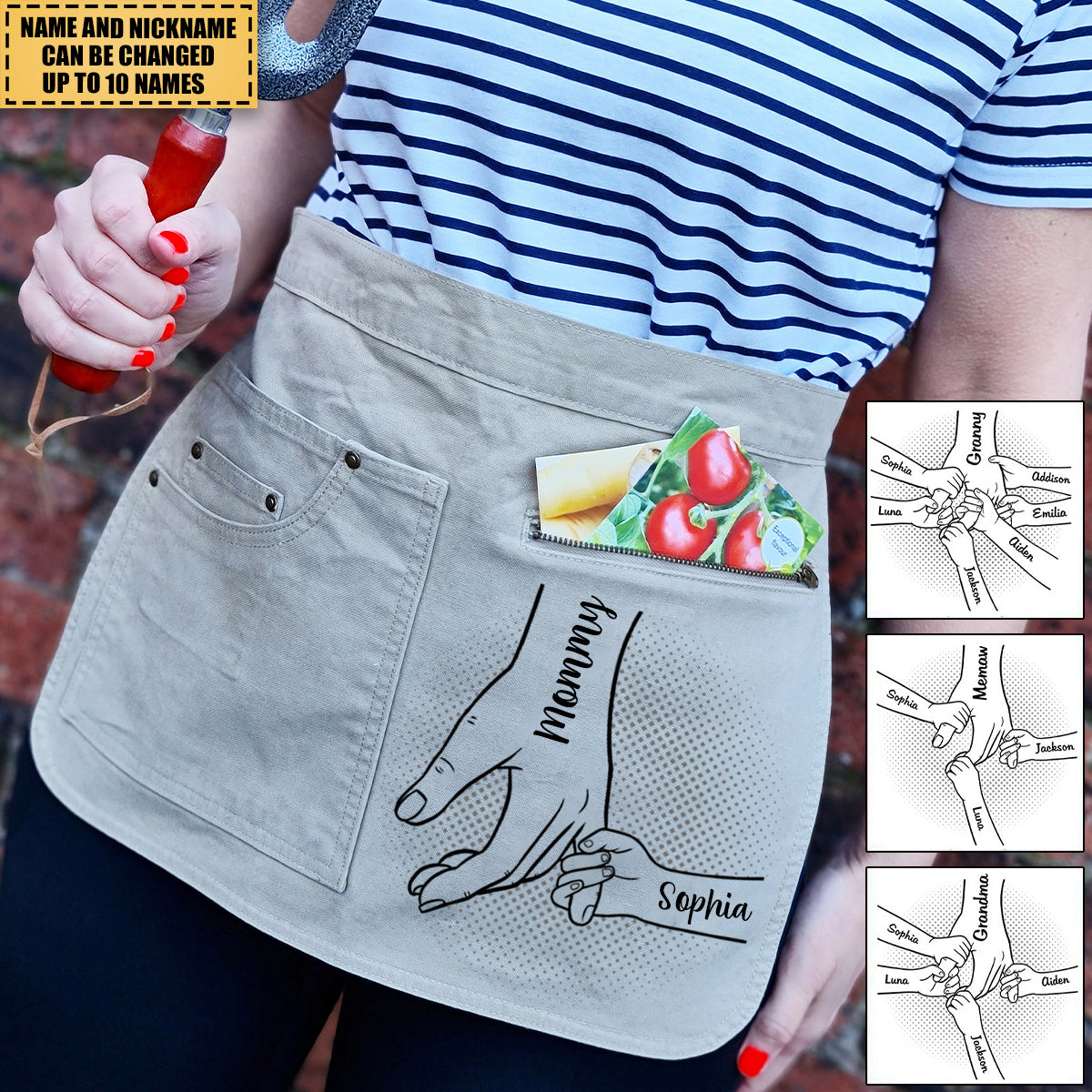 Mom Nana Kids Hand in Hand, I Will Always Protect You Personalized Gardening apron