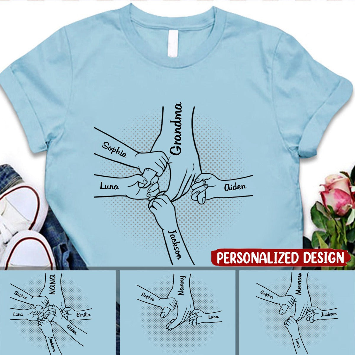 Mom Nana Kids Hand in Hand, I Will Always Protect You Personalized Shirt