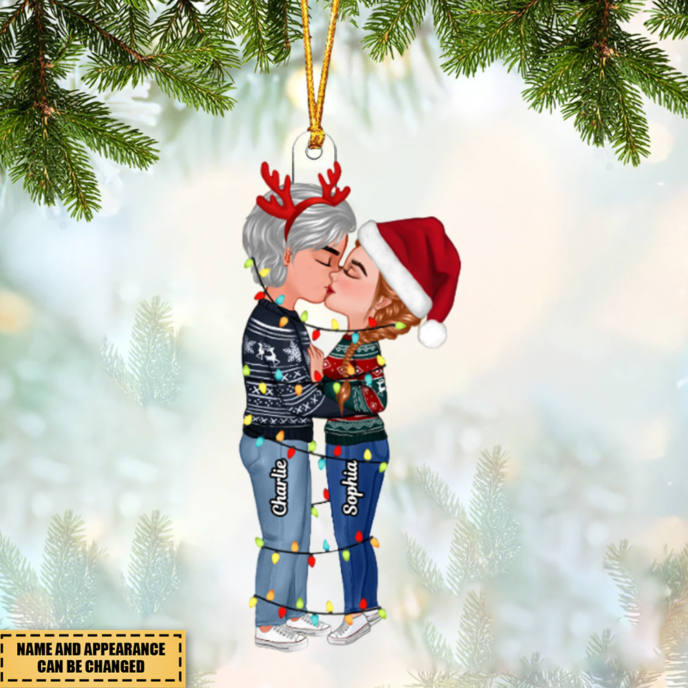 Christmas Couple Kissing With Light String Personalized Acrylic Ornament
