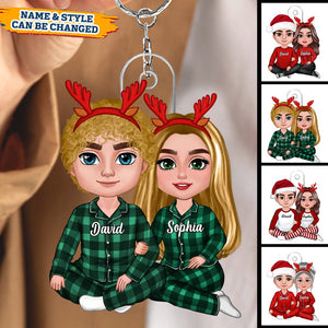 Perfect Gifts For Couple - Christmas Couple Sitting Hugging Christmas Gift Personalized Keychain