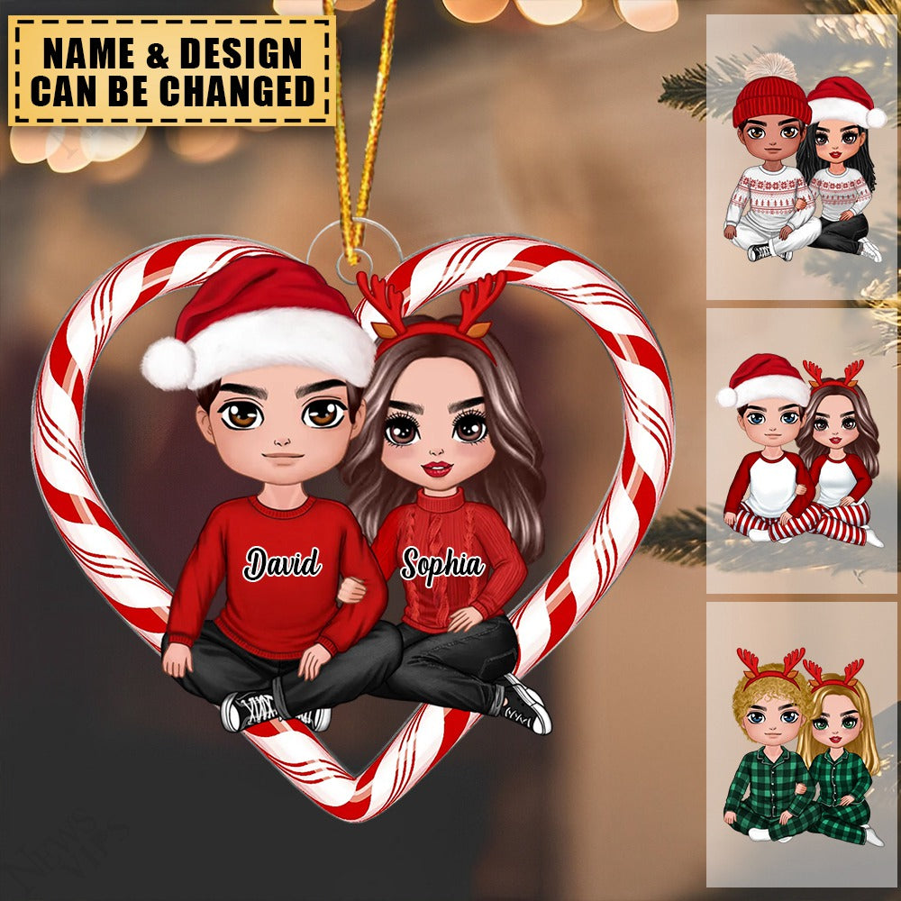 Christmas Doll Couple Sitting Candy Cane Heart Personalized Ornament