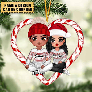 Christmas Doll Couple Sitting Candy Cane Heart Personalized Ornament
