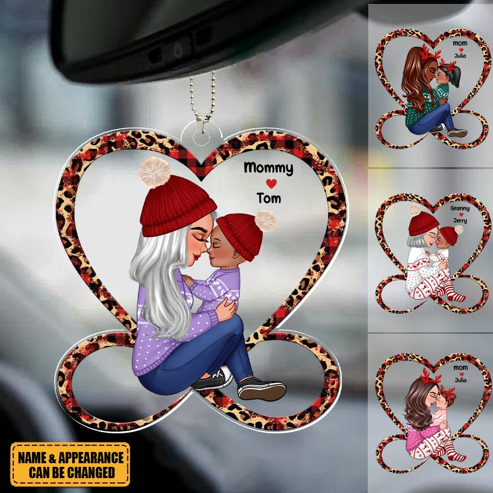 Grandma Mom Holding Kid Sitting On Heart Infinity Personalized Acrylic Car Ornament