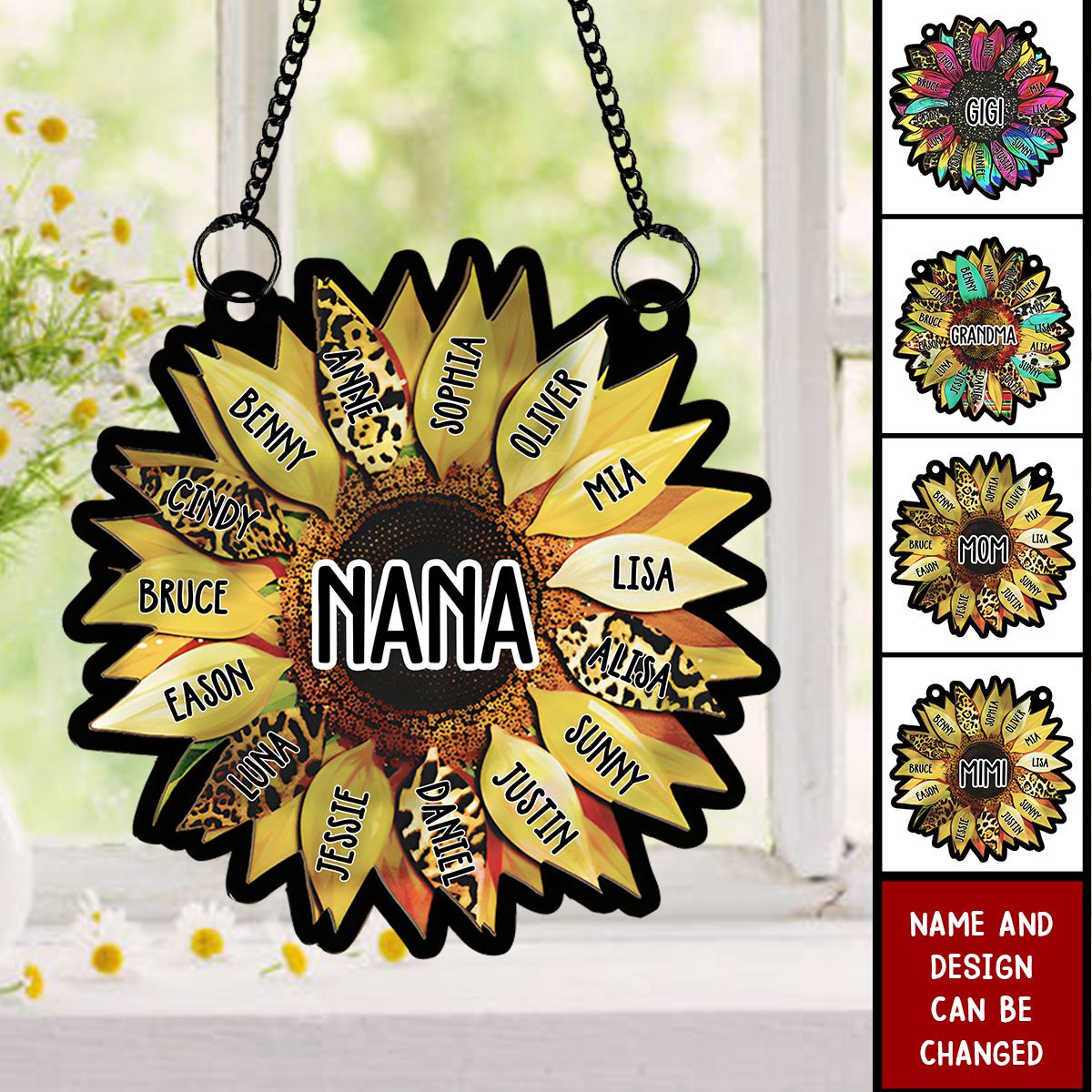 Grandma Sunflower With Kids Names - Personalized Window Hanging Suncatcher Ornament