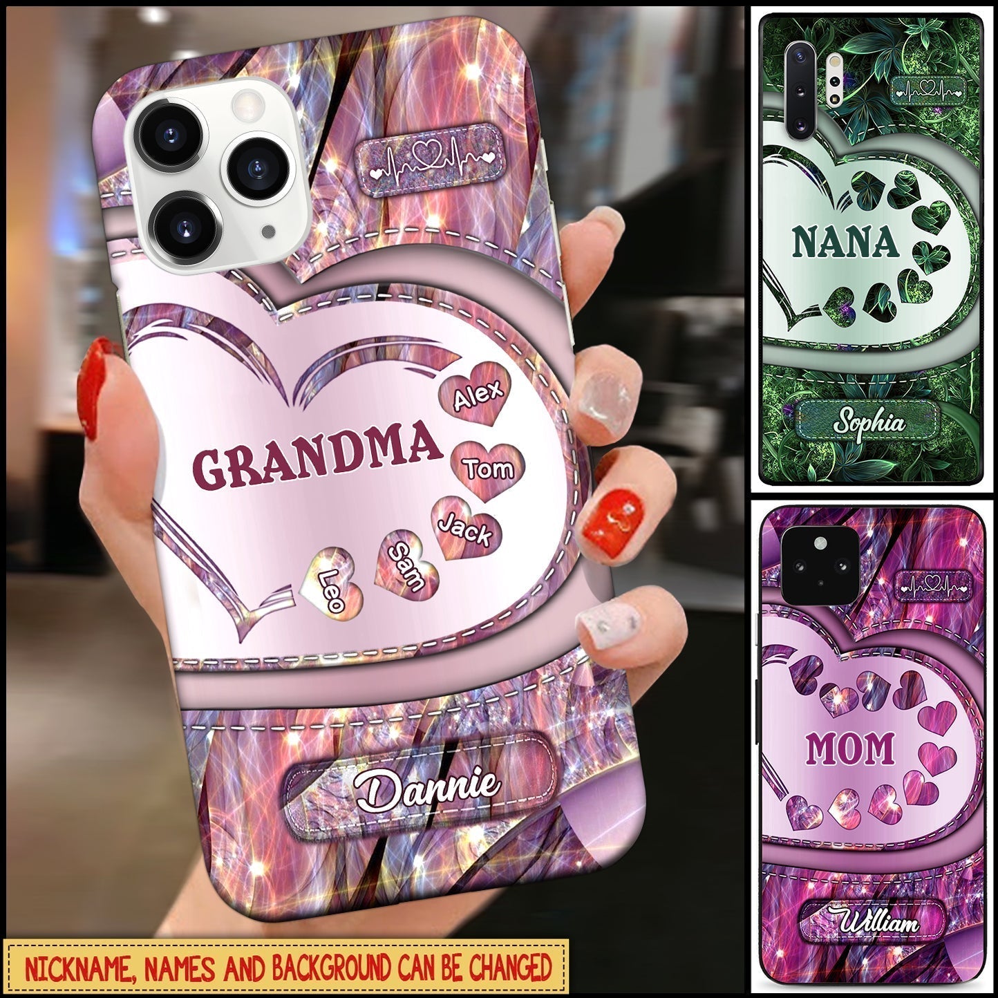 Sparkling Grandma - Mom With Sweet Heart Kids, Multi Colors Personalized Glass Phone Case