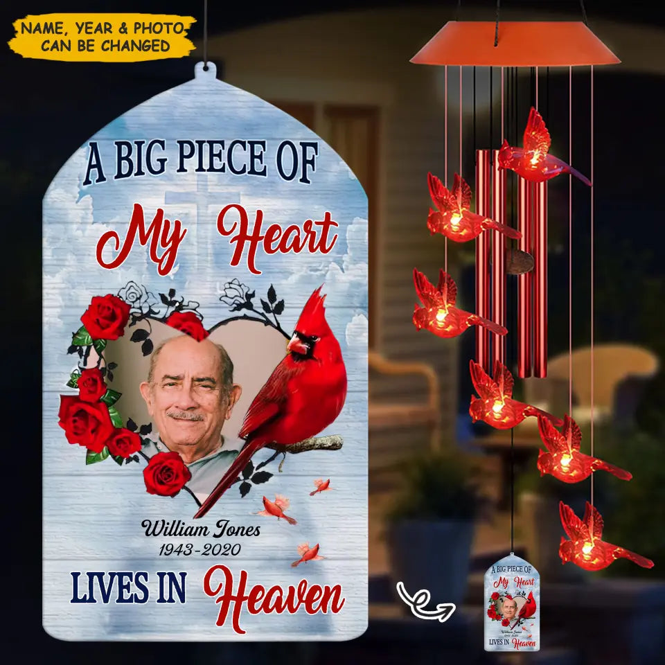 Personalized Cardinal LED Solar Wind Chime - A BIG PEACE OF MY HEART - Memorial Gift, Gift For Family