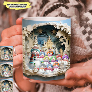 3D Inflated Blue Christmas Grandma Snowman With Little Snowman Kids Personalized Mug